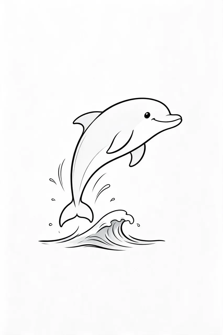 Simple black line drawing of a smiling dolphin jumping over a small ocean wave on a plain white background
