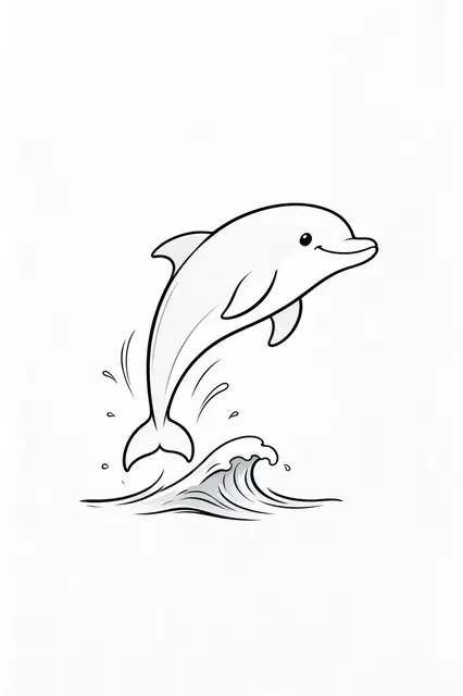 Simple black line drawing of a smiling dolphin jumping over a small ocean wave on a plain white background