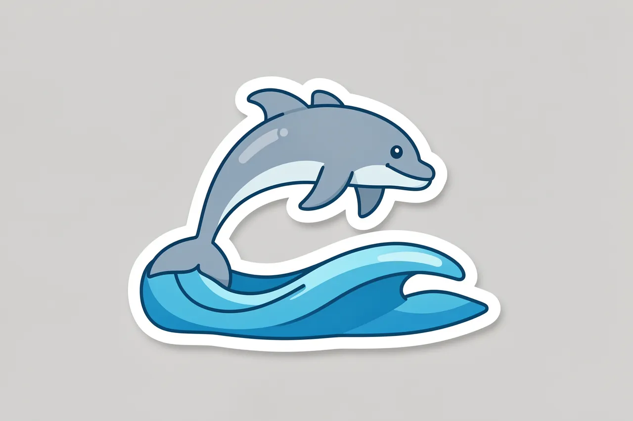 A cute die-cut sticker of a dolphin jumping over a wave on a light gray background