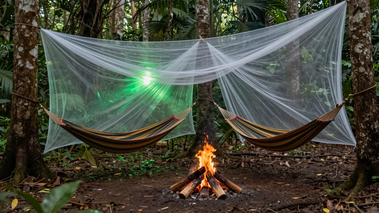 Two striped hammocks under shared mosquito netting hang beside a small campfire in a dense green jungle