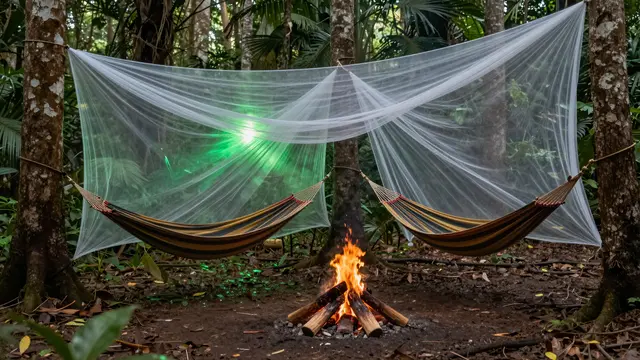 Two striped hammocks under shared mosquito netting hang beside a small campfire in a dense green jungle