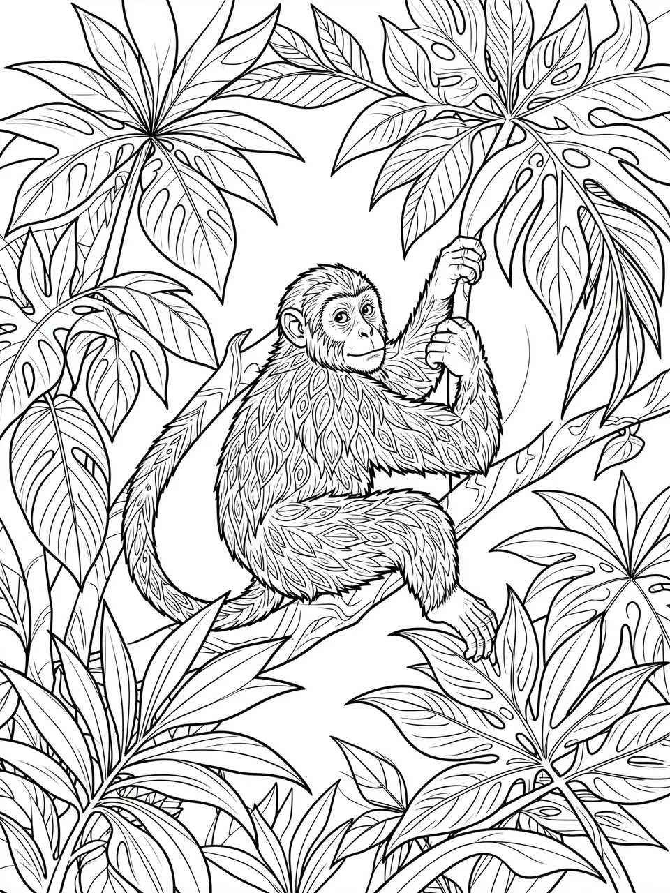 Black and white line art of a monkey gripping a vine surrounded by detailed jungle foliage