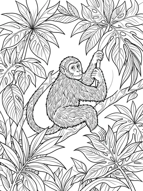 Black and white line art of a monkey gripping a vine surrounded by detailed jungle foliage