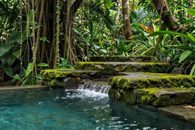 Mossy stone steps with a small waterfall feed into a turquoise pool surrounded by dense tropical jungle foliage
