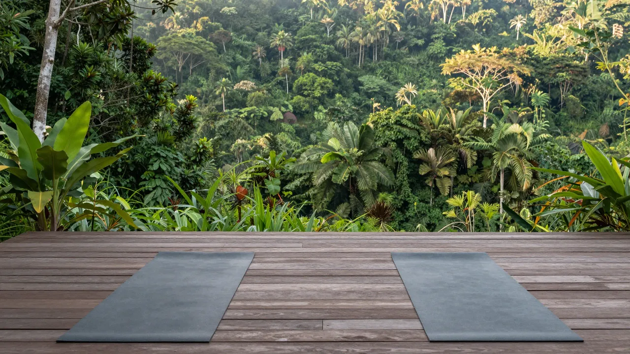 Two empty yoga mats rest on a wooden deck overlooking a lush green jungle valley at sunrise