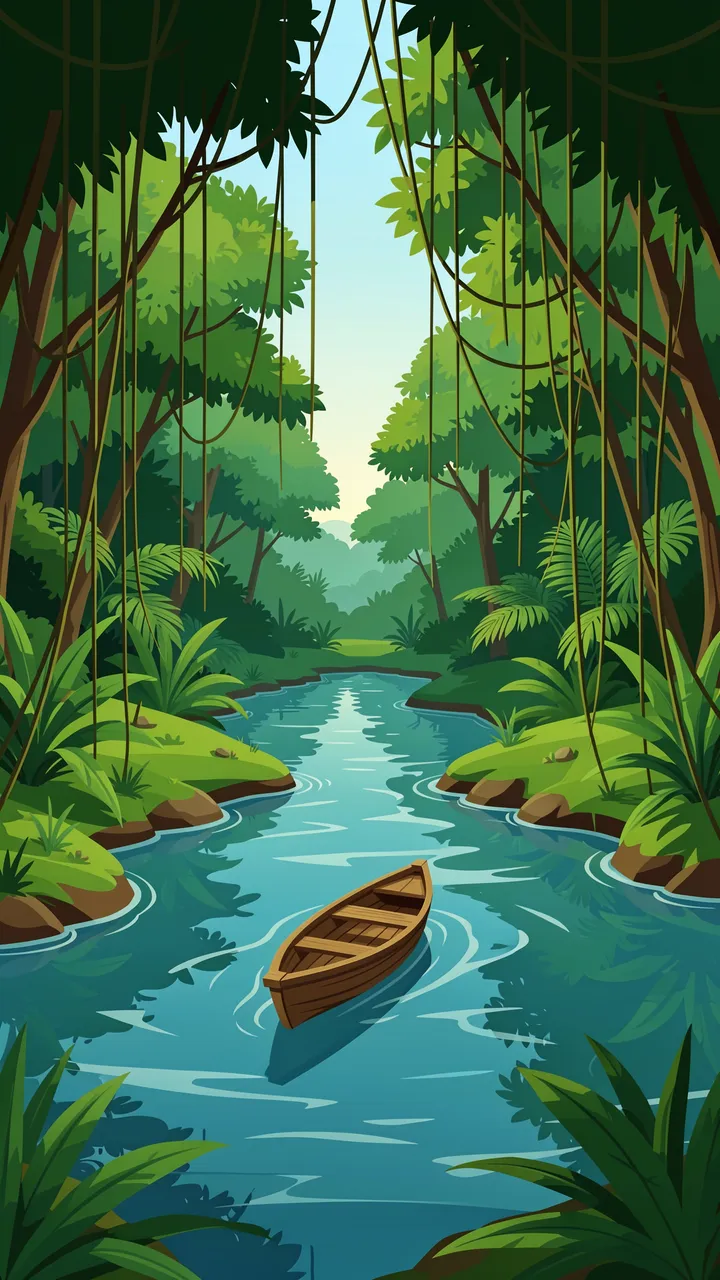 Vertical flat vector illustration of a calm jungle river with a small wooden canoe and hanging vines framing the scene