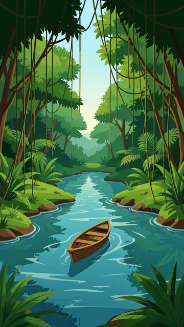 Vertical flat vector illustration of a calm jungle river with a small wooden canoe and hanging vines framing the scene