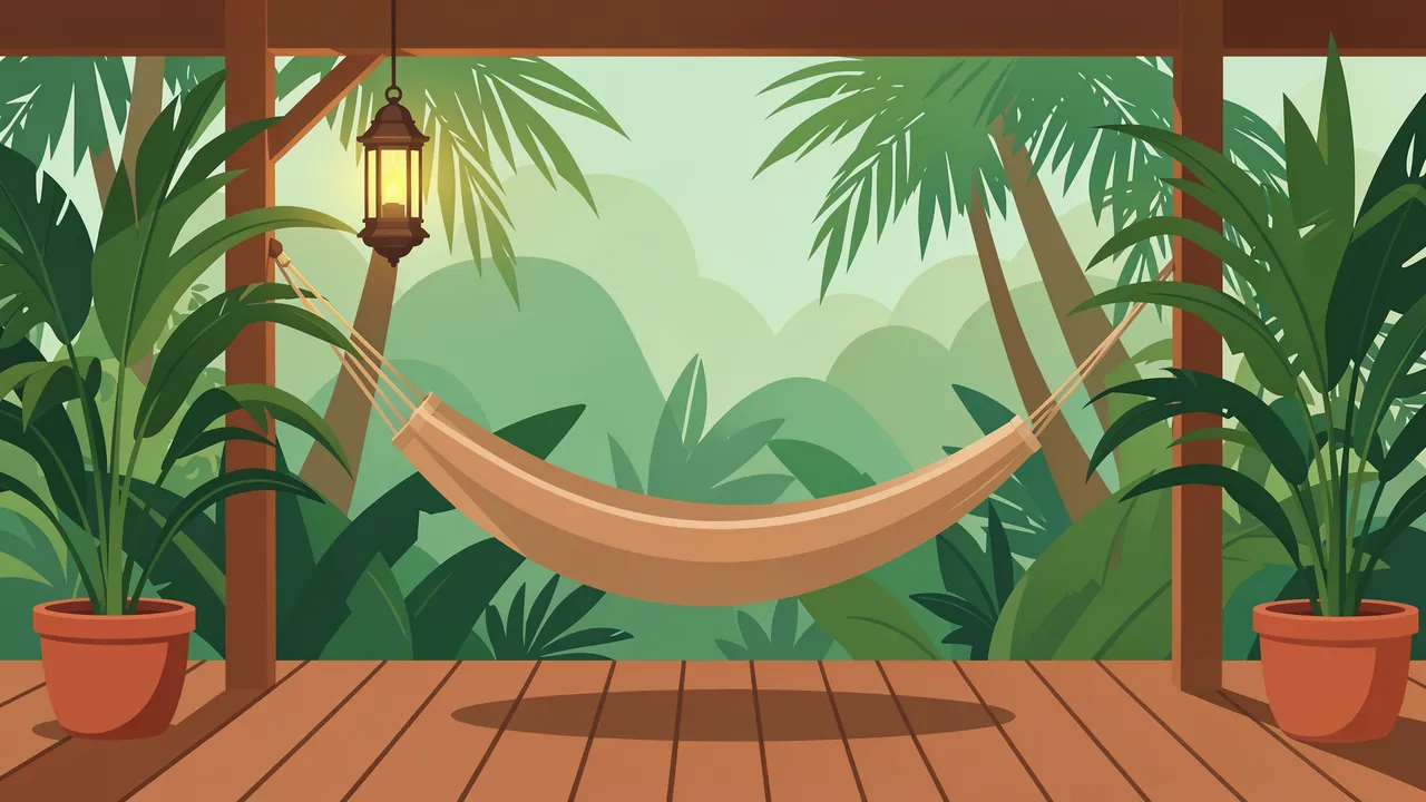 A flat vector illustration of a wooden veranda with a beige hammock, hanging lantern, and potted palms overlooking a misty