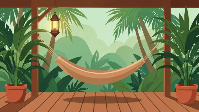 A flat vector illustration of a wooden veranda with a beige hammock, hanging lantern, and potted palms overlooking a misty