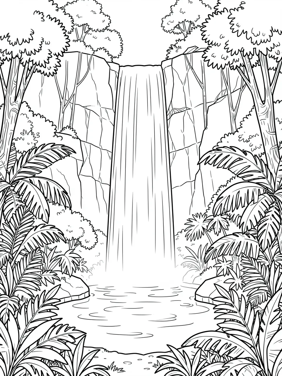Black and white line art of a tall waterfall cascading into a jungle pool framed by tropical foliage