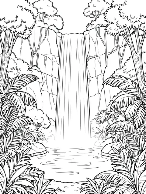 Black and white line art of a tall waterfall cascading into a jungle pool framed by tropical foliage