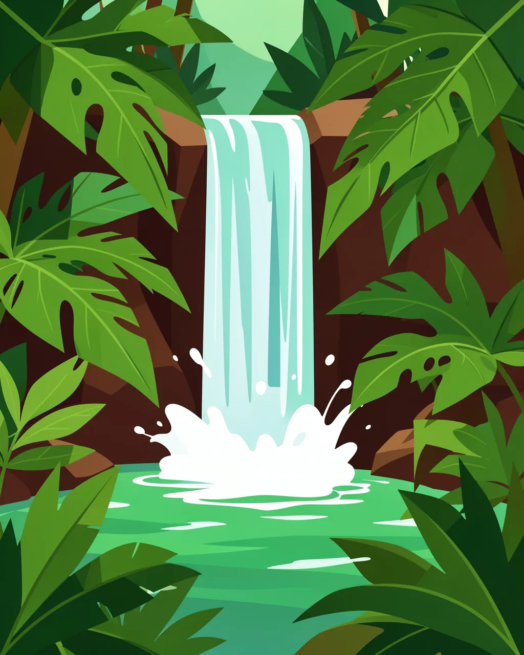 Flat vector illustration of a waterfall tumbling into a green pool framed by large tropical jungle leaves