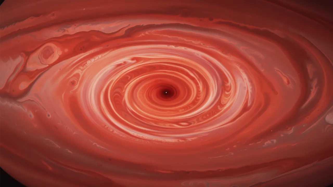 Close-up swirling view of Jupiter's Great Red Spot storm with layered red and orange atmospheric bands