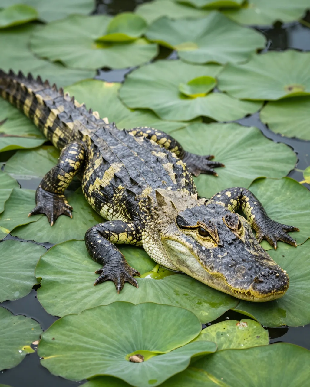 A banded juvenile alligator rests atop floating green lily pads in dark pond water.