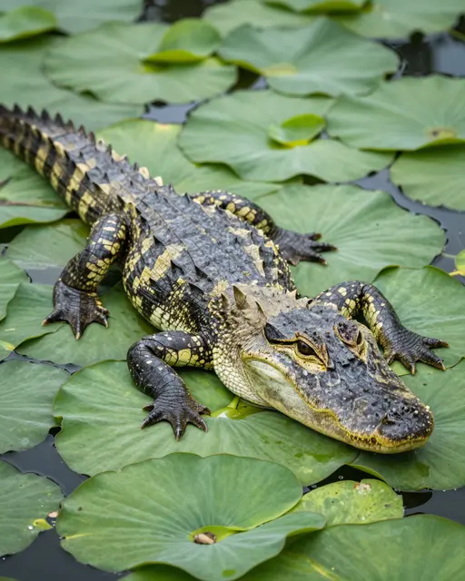 A banded juvenile alligator rests atop floating green lily pads in dark pond water.