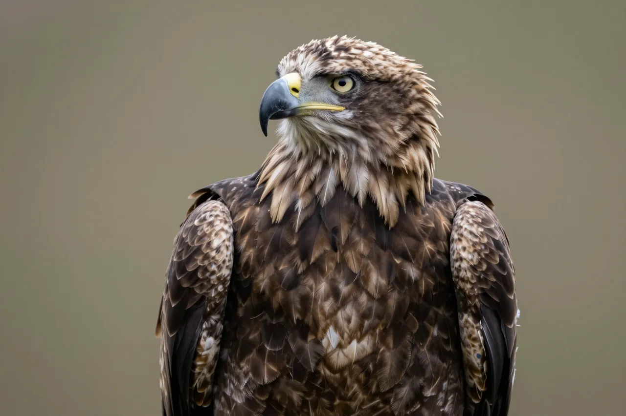 Close-up portrait of a mottled brown juvenile bald eagle against a soft blurred background