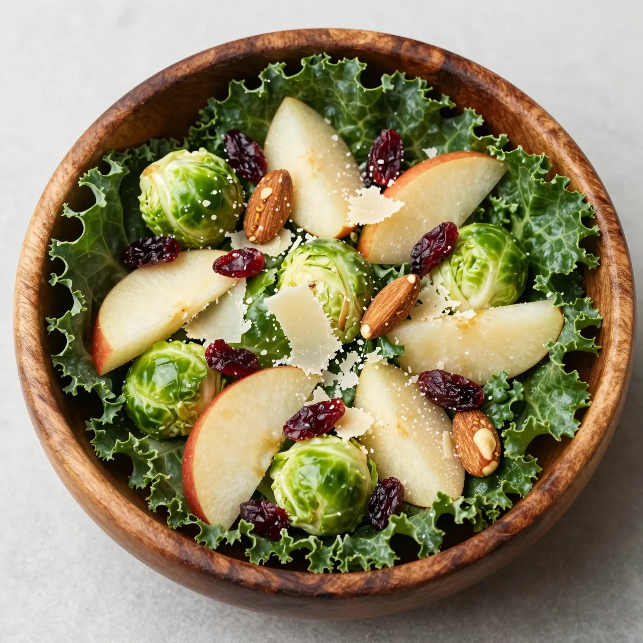 Overhead view of a mixed kale salad with brussels sprouts, apple, cranberries, almonds and parmesan in a wooden bowl on a