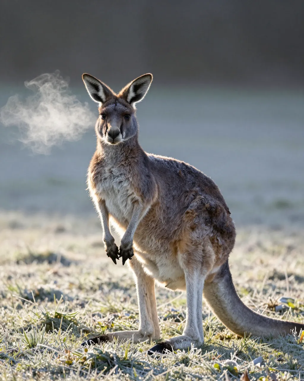 A kangaroo stands in a frosty grassy paddock, with visible mist from its breath at early dawn.