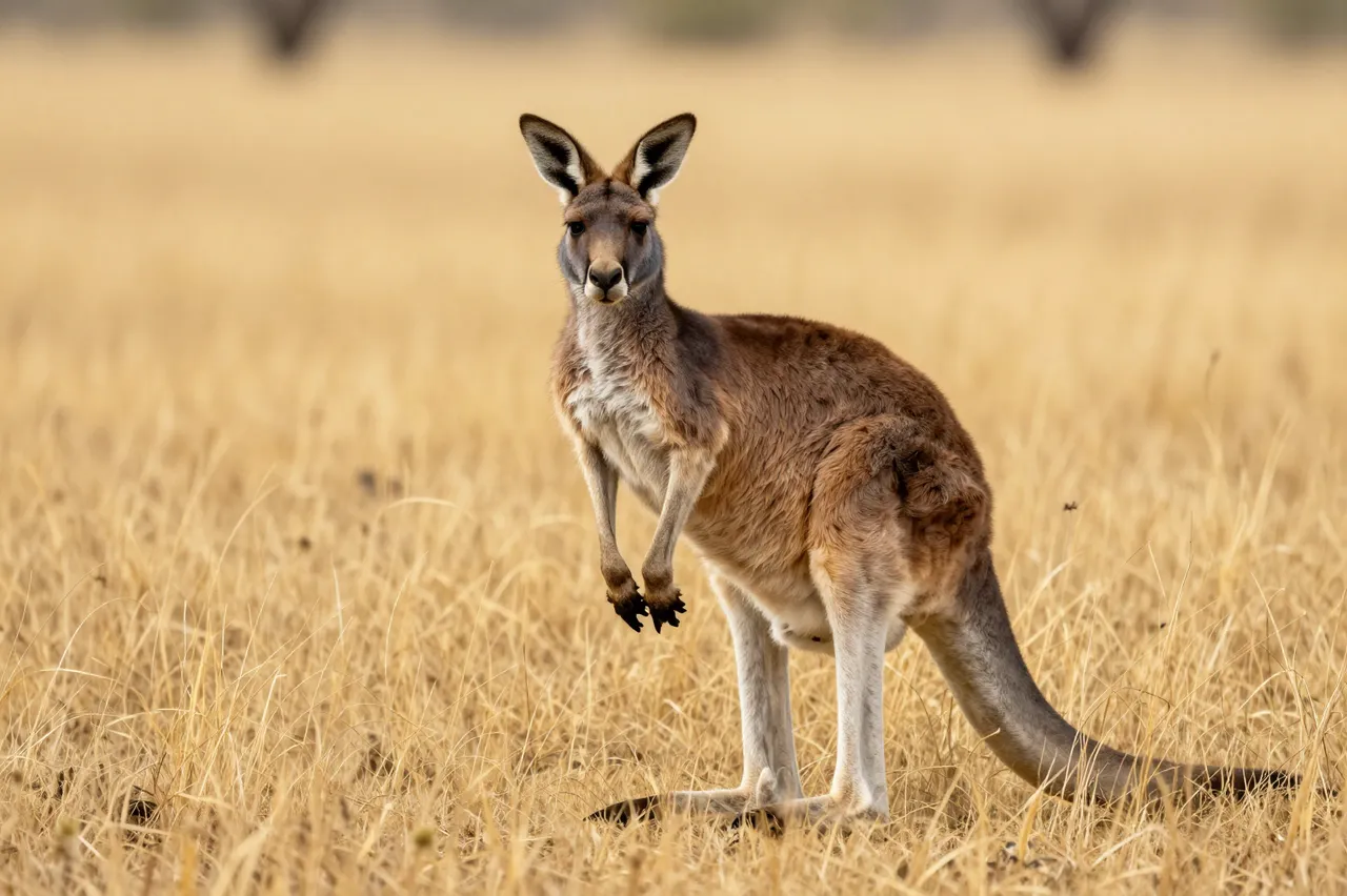 A kangaroo stands alert facing the camera in tall golden dry outback grass