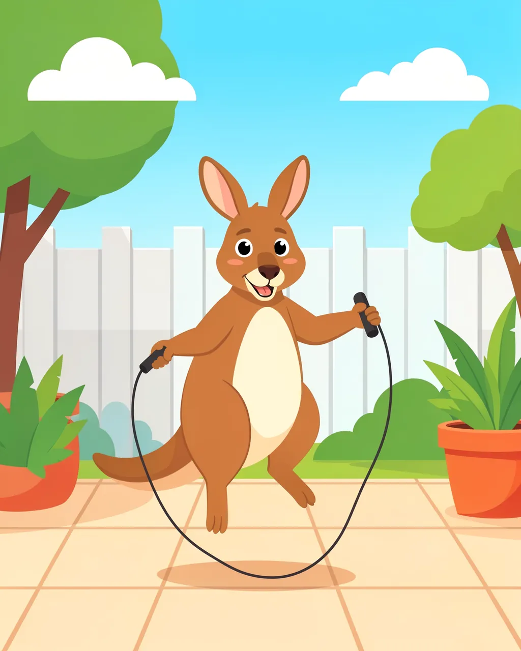 A cute cartoon kangaroo holds a jump rope while jumping on a sunny tiled backyard patio.