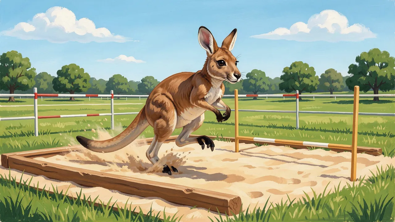 A gouache painting of a kangaroo landing in a long jump sand pit on a sunny sports field