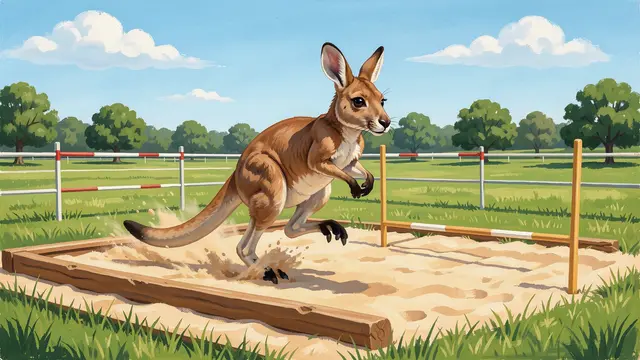 A gouache painting of a kangaroo landing in a long jump sand pit on a sunny sports field
