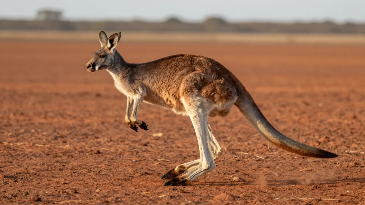 A red kangaroo mid-hop across a dry red outback plain during warm sunrise light