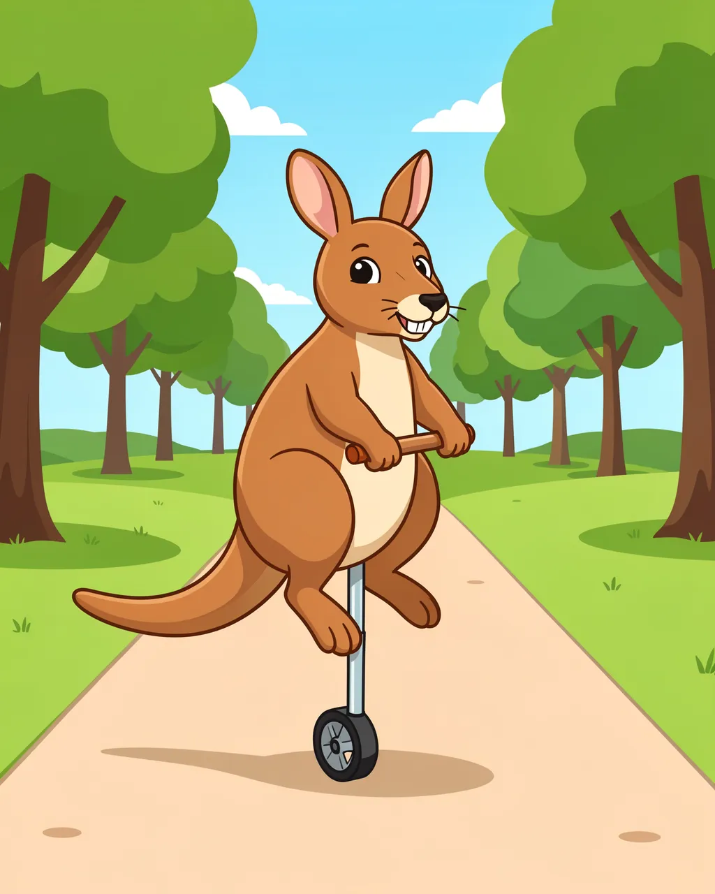 A cute cartoon kangaroo bounces on a pogo stick along a sunny park path