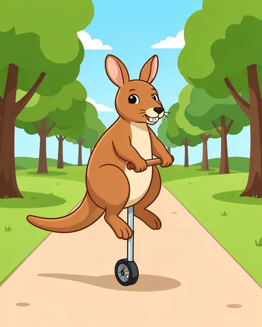 A cute cartoon kangaroo bounces on a pogo stick along a sunny park path