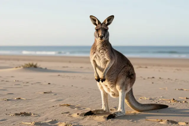 An eastern gray kangaroo stands upright on a quiet sandy beach at soft sunrise