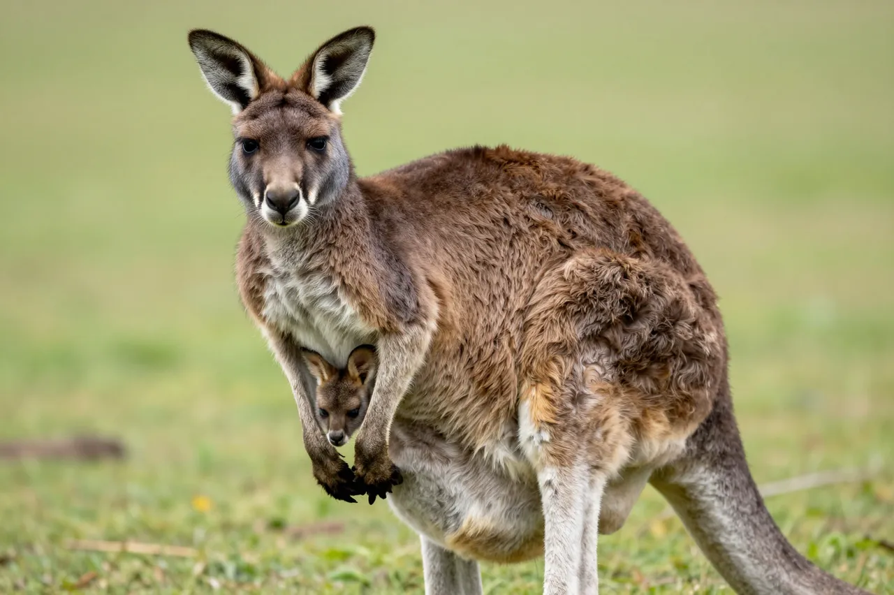 An adult kangaroo stands in a grassy field with a tiny joey peeking out from its pouch.