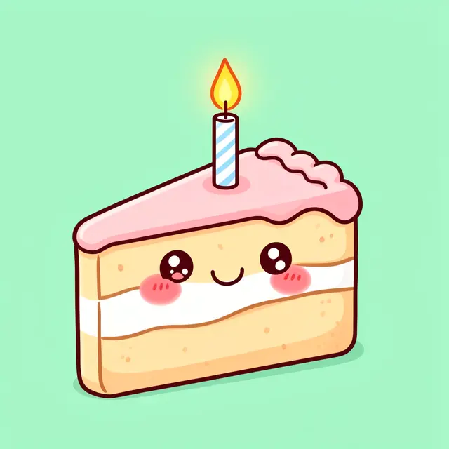 A cute smiling cartoon birthday cake slice with a lit candle on a mint green background