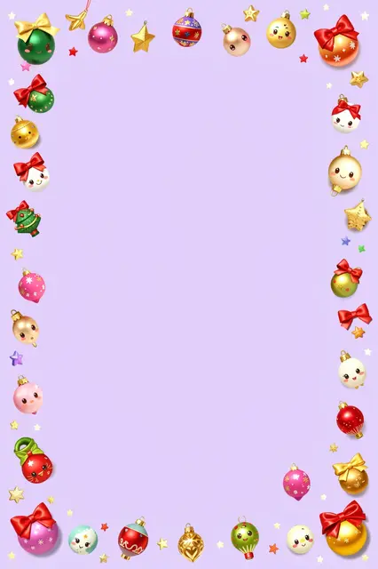 Tiny cute kawaii Christmas ornaments, stars, and bows frame a blank pale lavender center.