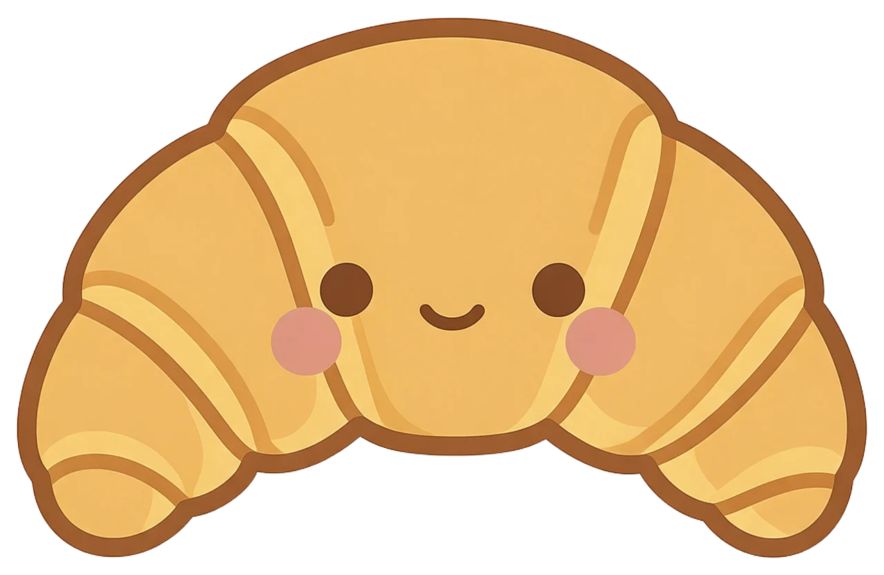 Cute kawaii croissant illustration with a smiling face, dot eyes, and pink blush cheeks