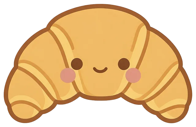 Cute kawaii croissant illustration with a smiling face, dot eyes, and pink blush cheeks