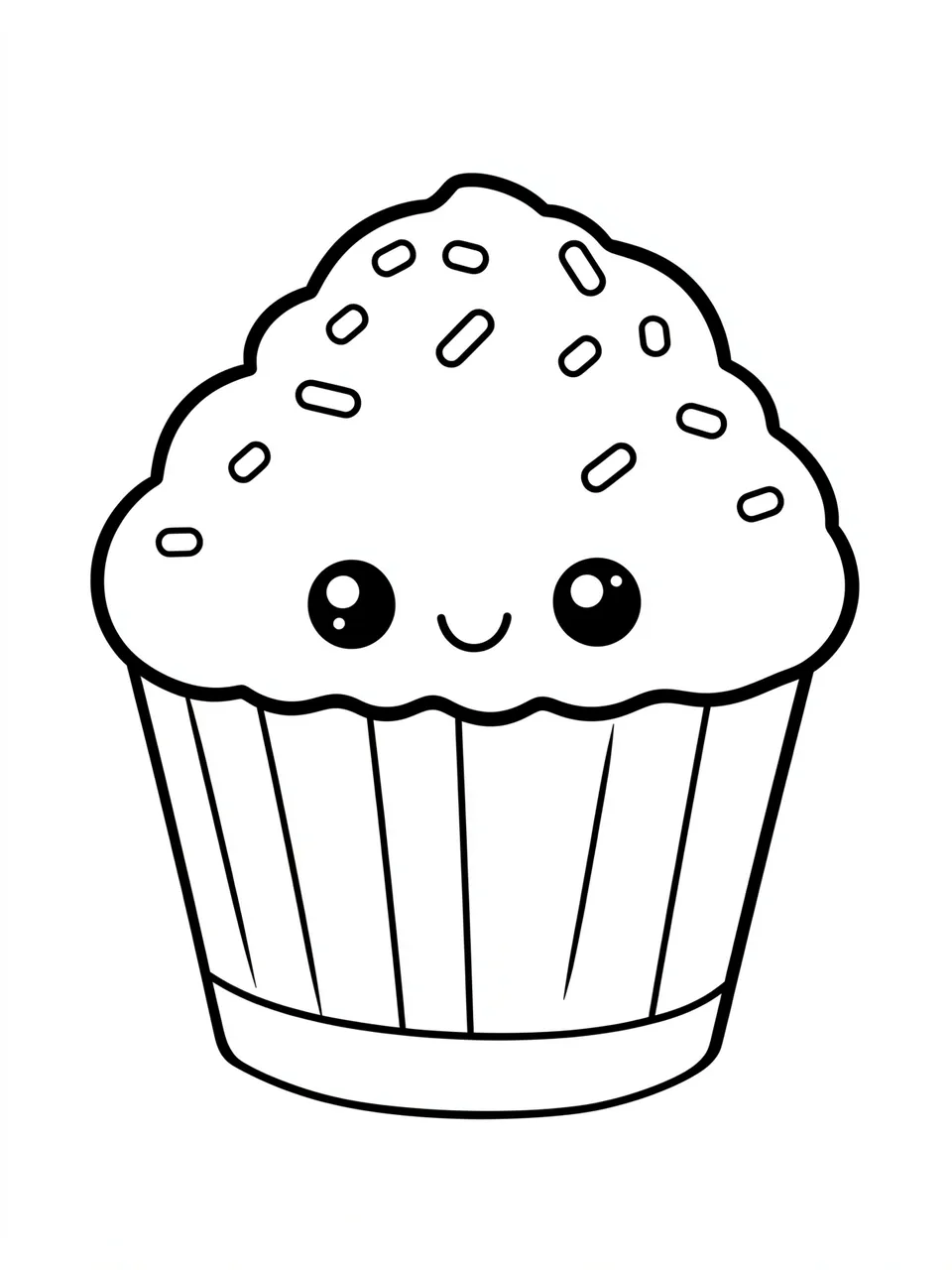 Black and white line art of a cute happy kawaii cupcake with sprinkles on a plain white background