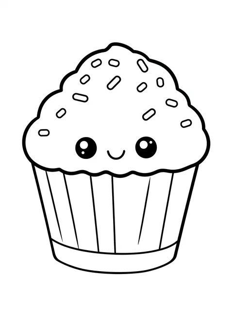 Black and white line art of a cute happy kawaii cupcake with sprinkles on a plain white background