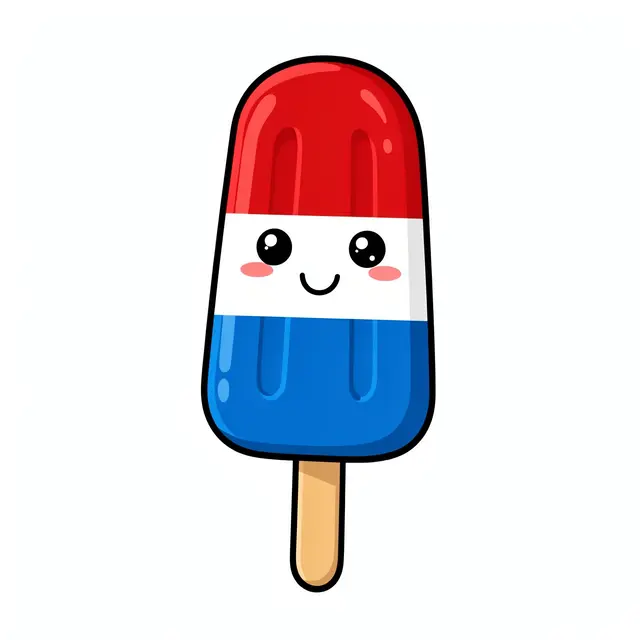 Cute cartoon red white and blue layered popsicle with a happy smiling face on a plain white background