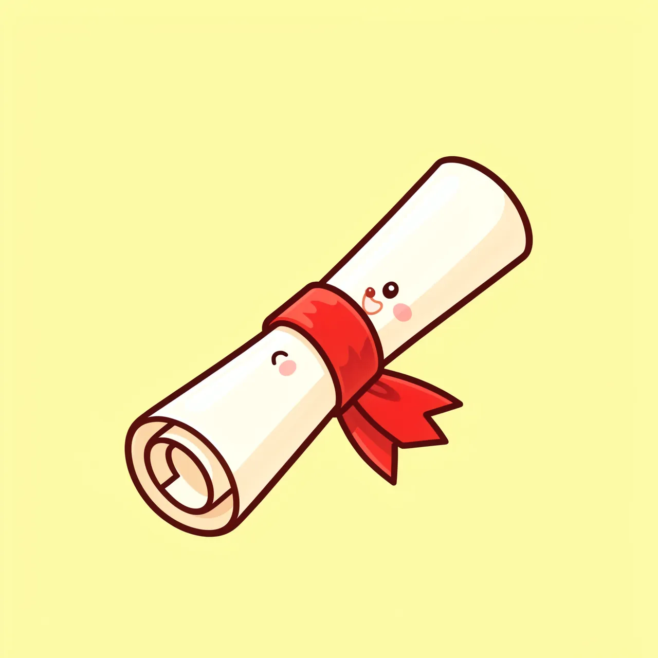Cute anthropomorphic rolled graduation diploma with a red ribbon sits on a soft pastel yellow background