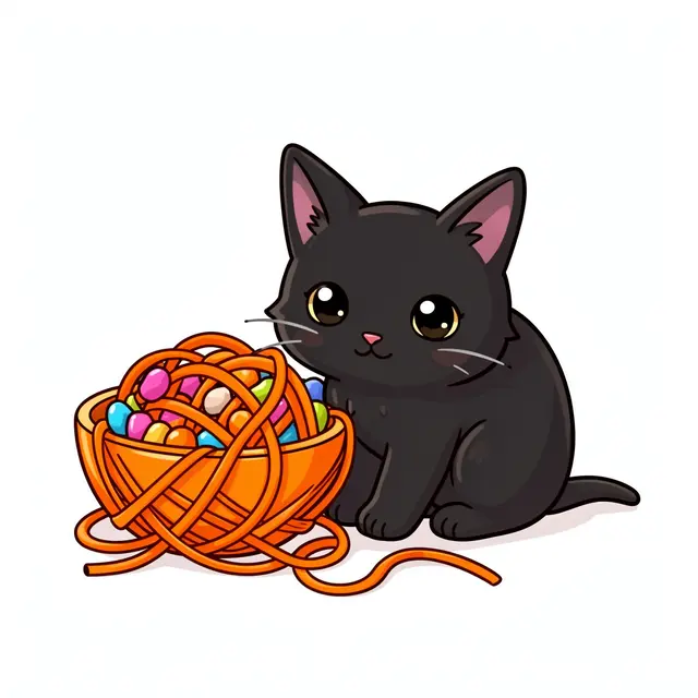 Cute cartoon black kitten sits beside a bowl tangled with orange yarn and colorful Halloween candies