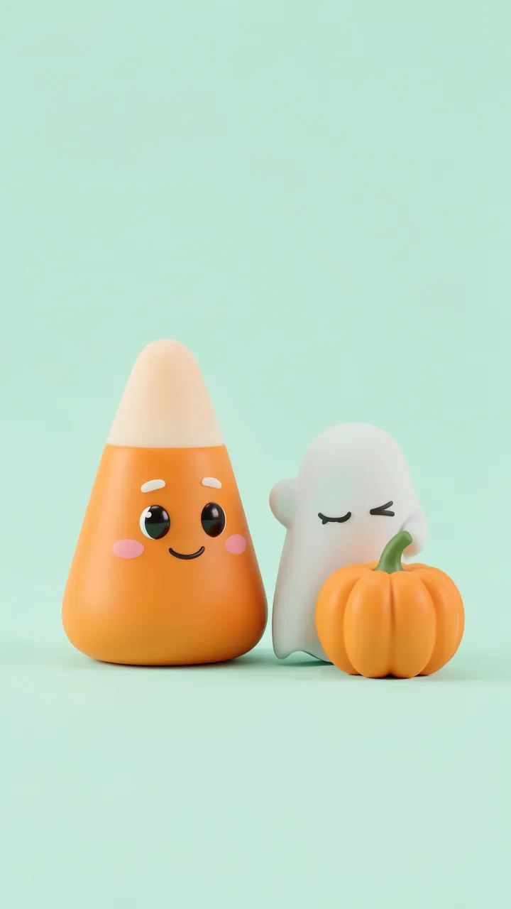 Cute 3D smiling candy corn, sleepy ghost and tiny pumpkin sit on a pastel mint background
