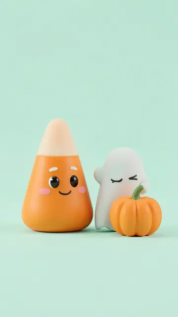 Cute 3D smiling candy corn, sleepy ghost and tiny pumpkin sit on a pastel mint background