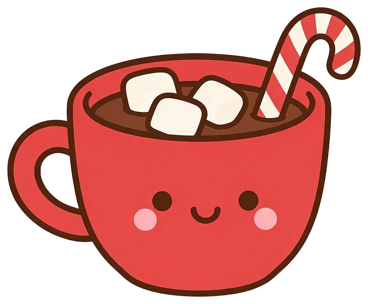 Cute illustrated red mug of hot chocolate with marshmallows and a candy cane, with a smiling face