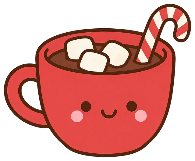 Cute illustrated red mug of hot chocolate with marshmallows and a candy cane, with a smiling face