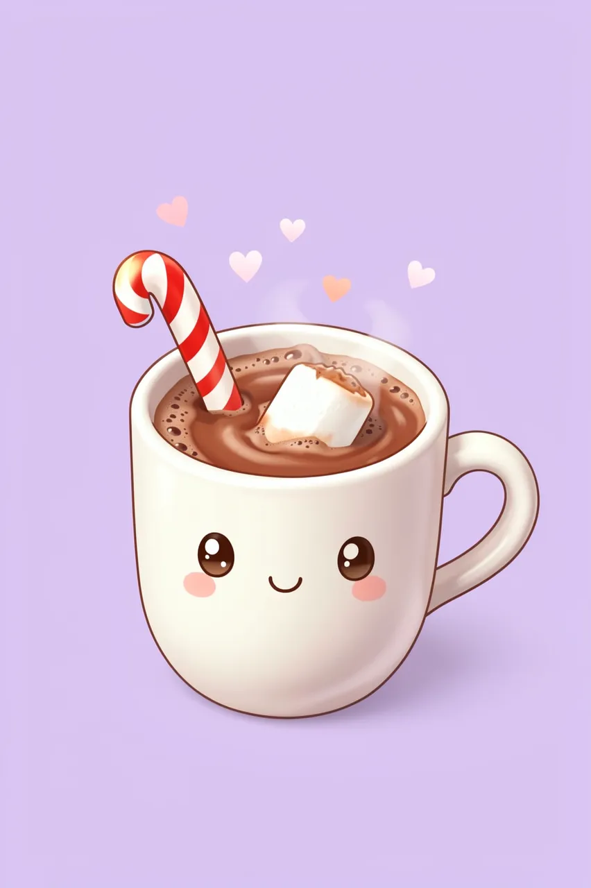 Cute smiling cartoon mug of hot cocoa with marshmallow, candy cane and floating hearts on a pastel lilac background