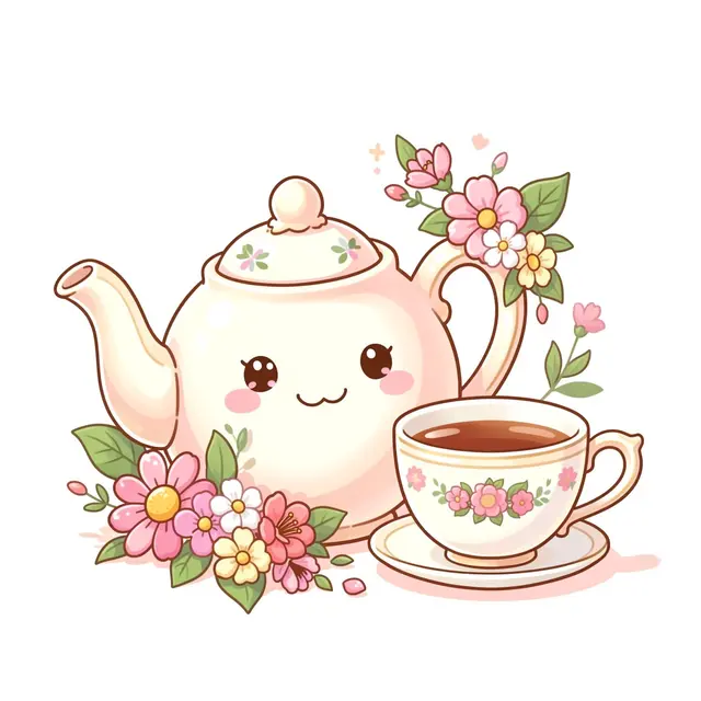 Cute smiling cartoon teapot, floral teacup, and pastel flowers arranged for Mother's Day on a white background