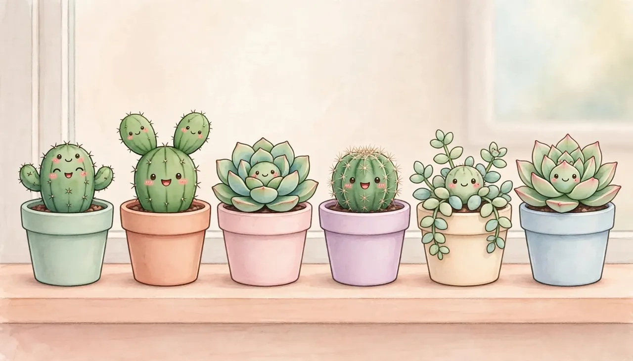 Row of cute smiling cartoon potted cacti and succulents sits on a pastel peach windowsill.