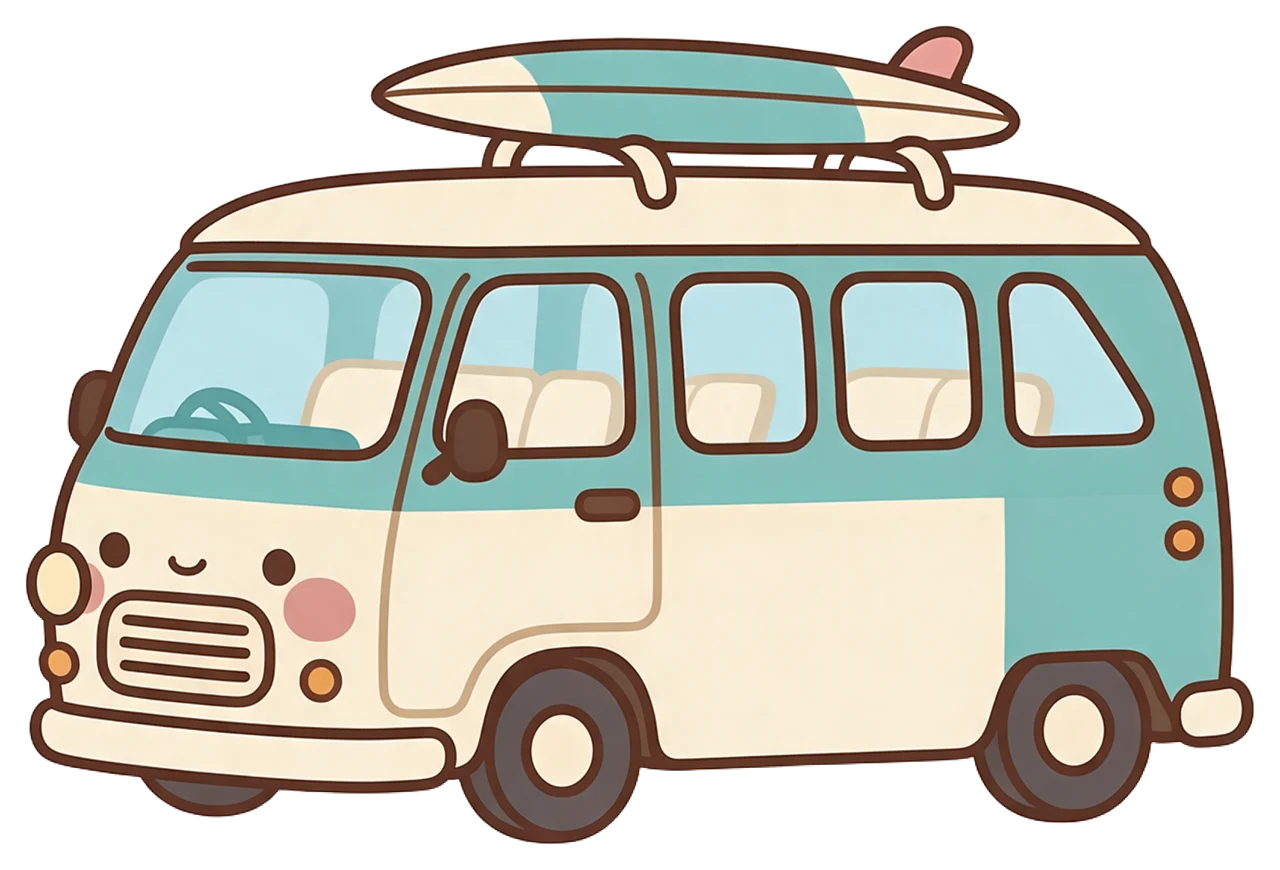 Cute kawaii retro teal and cream camper van with a surfboard on its roof and a happy face