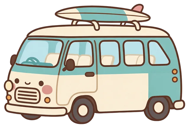 Cute kawaii retro teal and cream camper van with a surfboard on its roof and a happy face