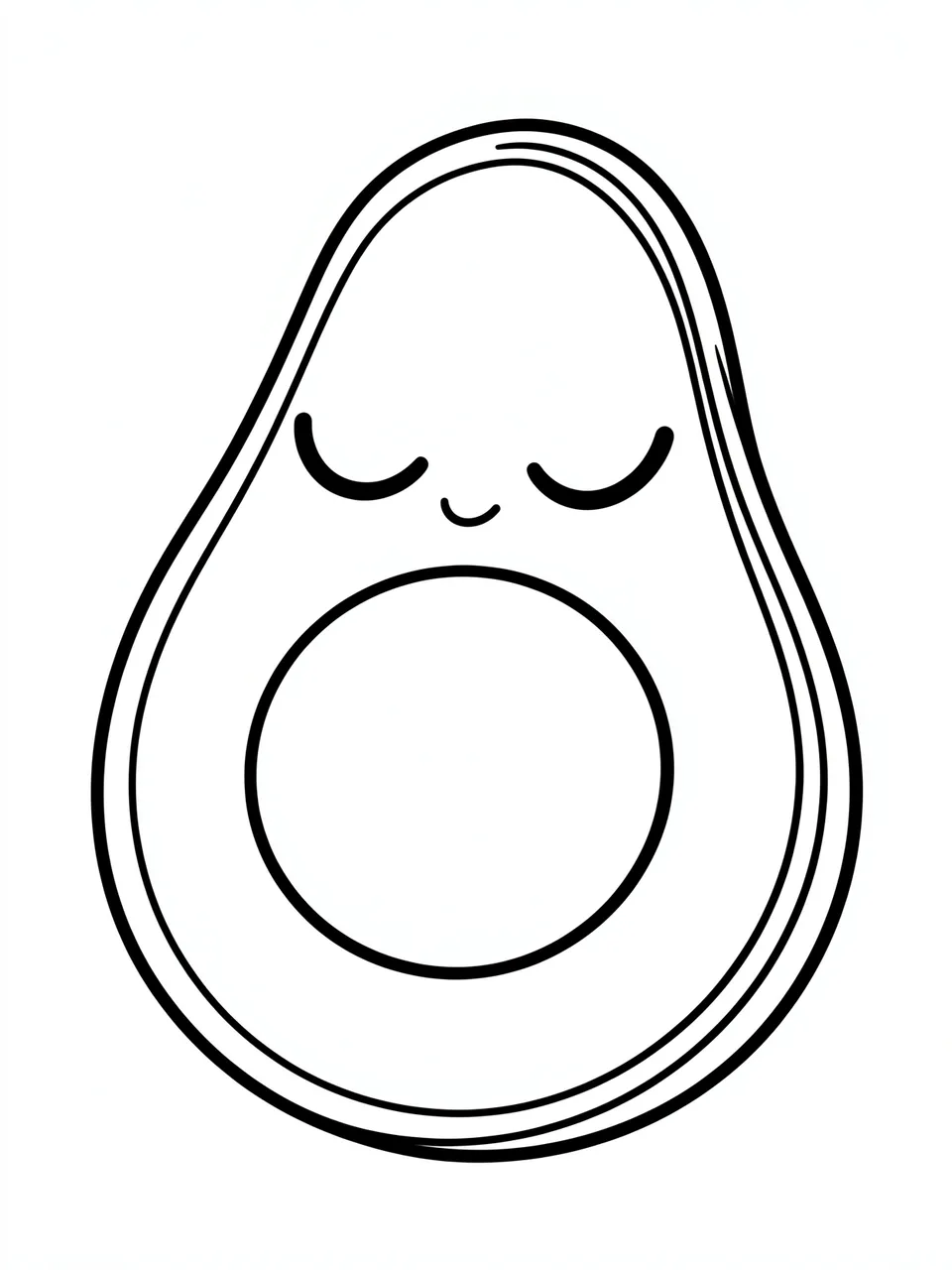 Bold black and white line drawing of a cute avocado half with a sleepy smiling face on a plain white background
